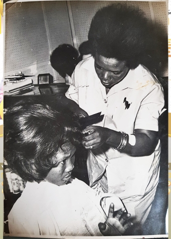 Mama at her hair-dressing studio.